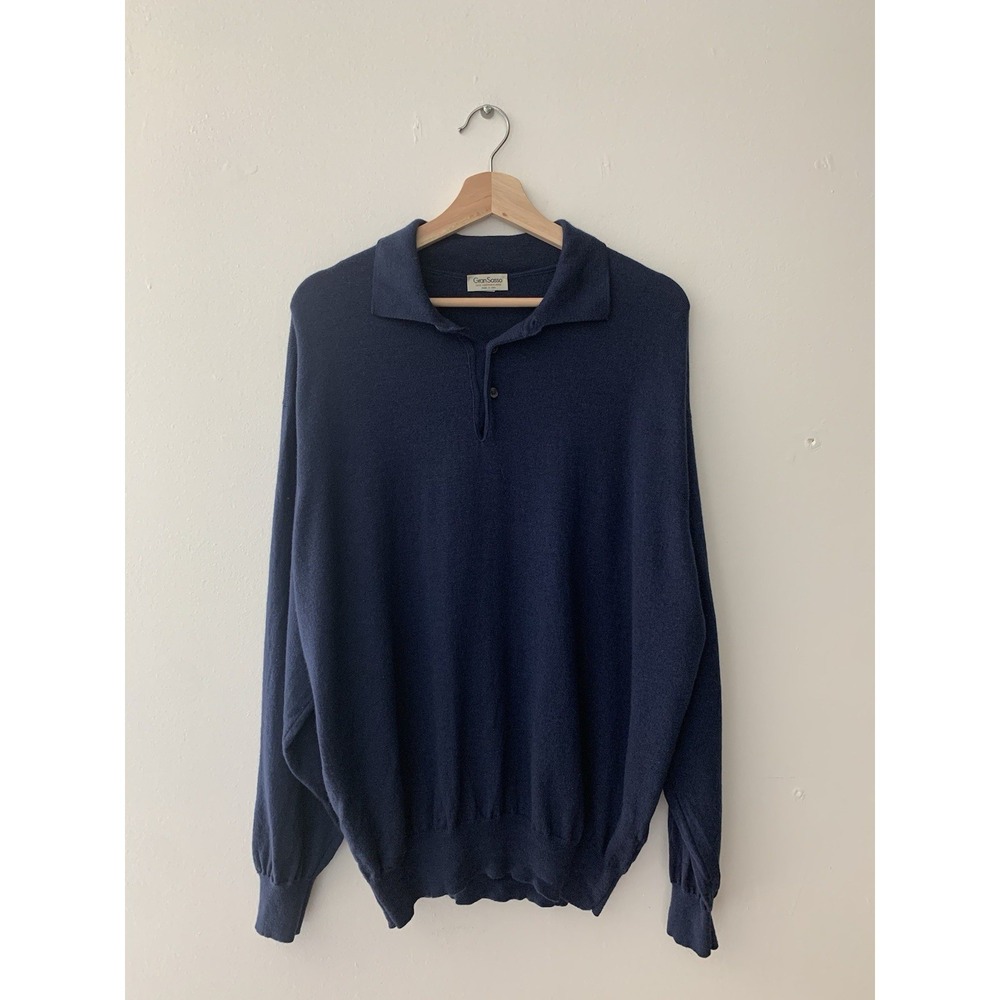 VTG Gran Sasso Polo Sweater Wool Silk Cashmere Blue 56 Made In Italy Old Money